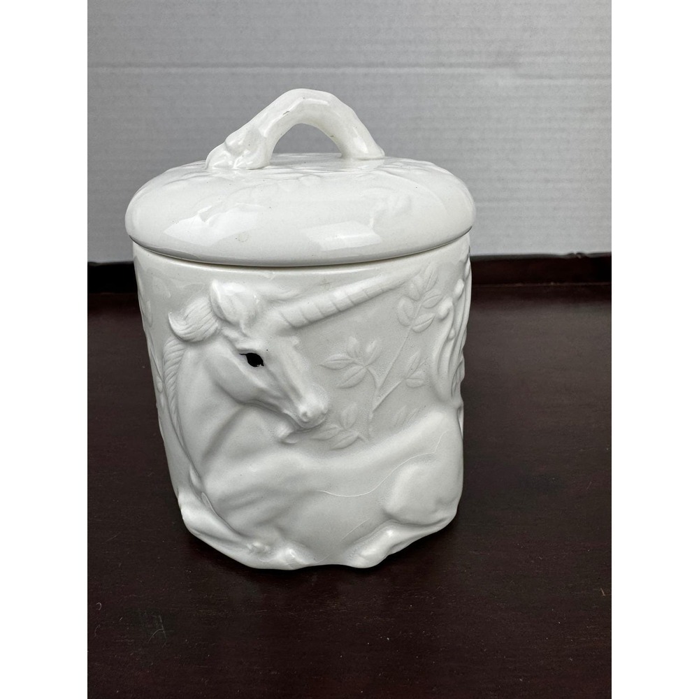 Vintage Takahashi White Porcelain Unicorn Lidded Canister Japan Whimsical